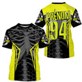 Maillot motocross jaune fluo noir avec cage thoracique squelette et motif hexagonal, prénom numéro 94 imprimés