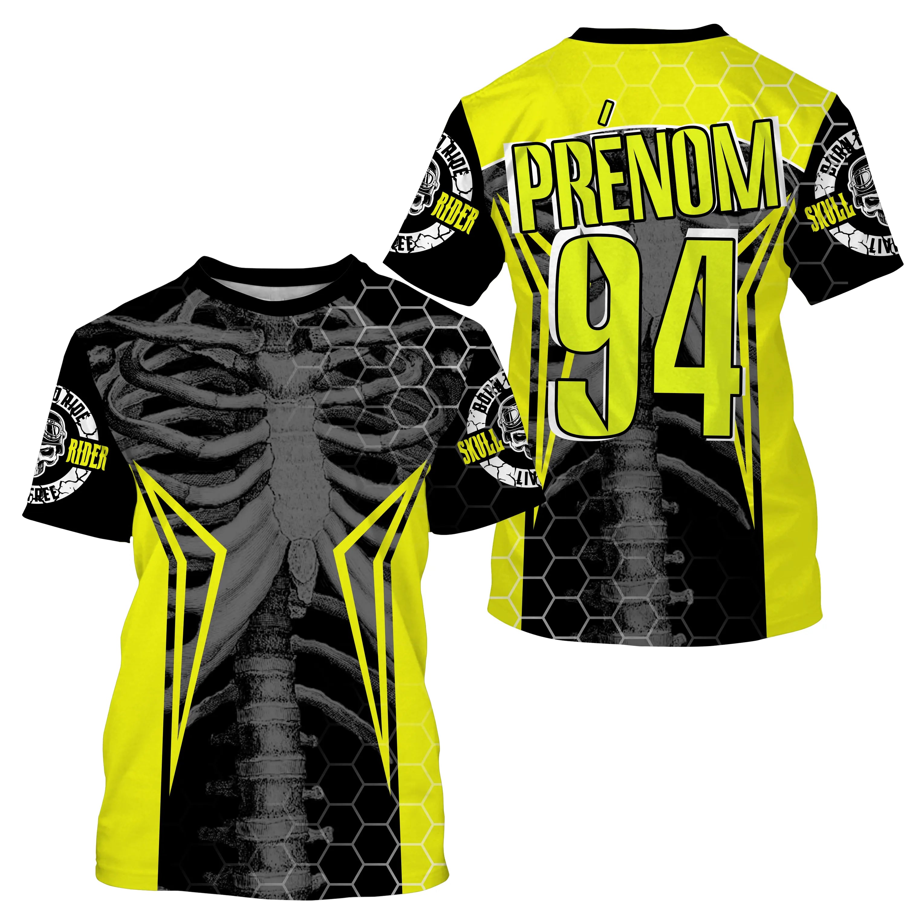 Maillot motocross jaune fluo noir avec cage thoracique squelette et motif hexagonal, prénom numéro 94 imprimés