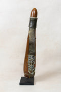 Vintage Maasai beaded calabash from Kenya, dried gourd with white, red and blue beadwork on leather straps
