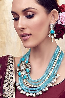 Gold Finish Shell Pearl & Kundan Necklace Set