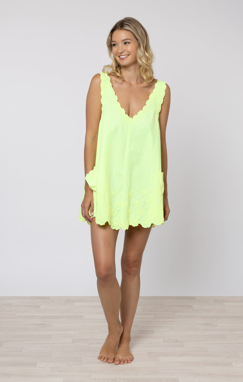 Sherbet Lemon Poplin Low Back Dress with Floral Cord Embroidery