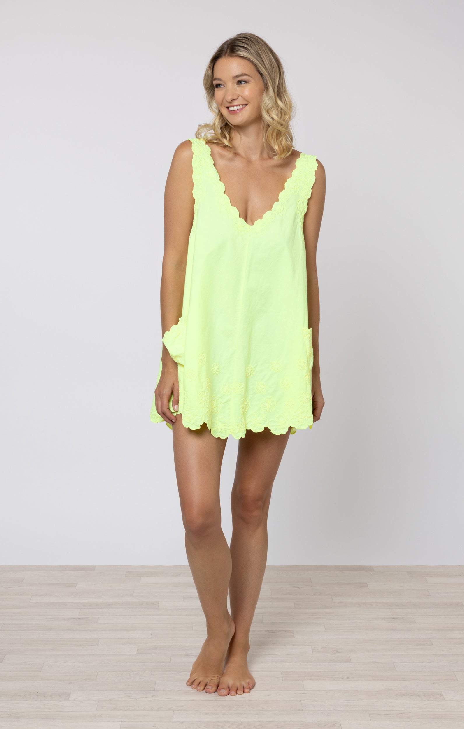 Sherbet Lemon Poplin Low Back Dress with Floral Cord Embroidery