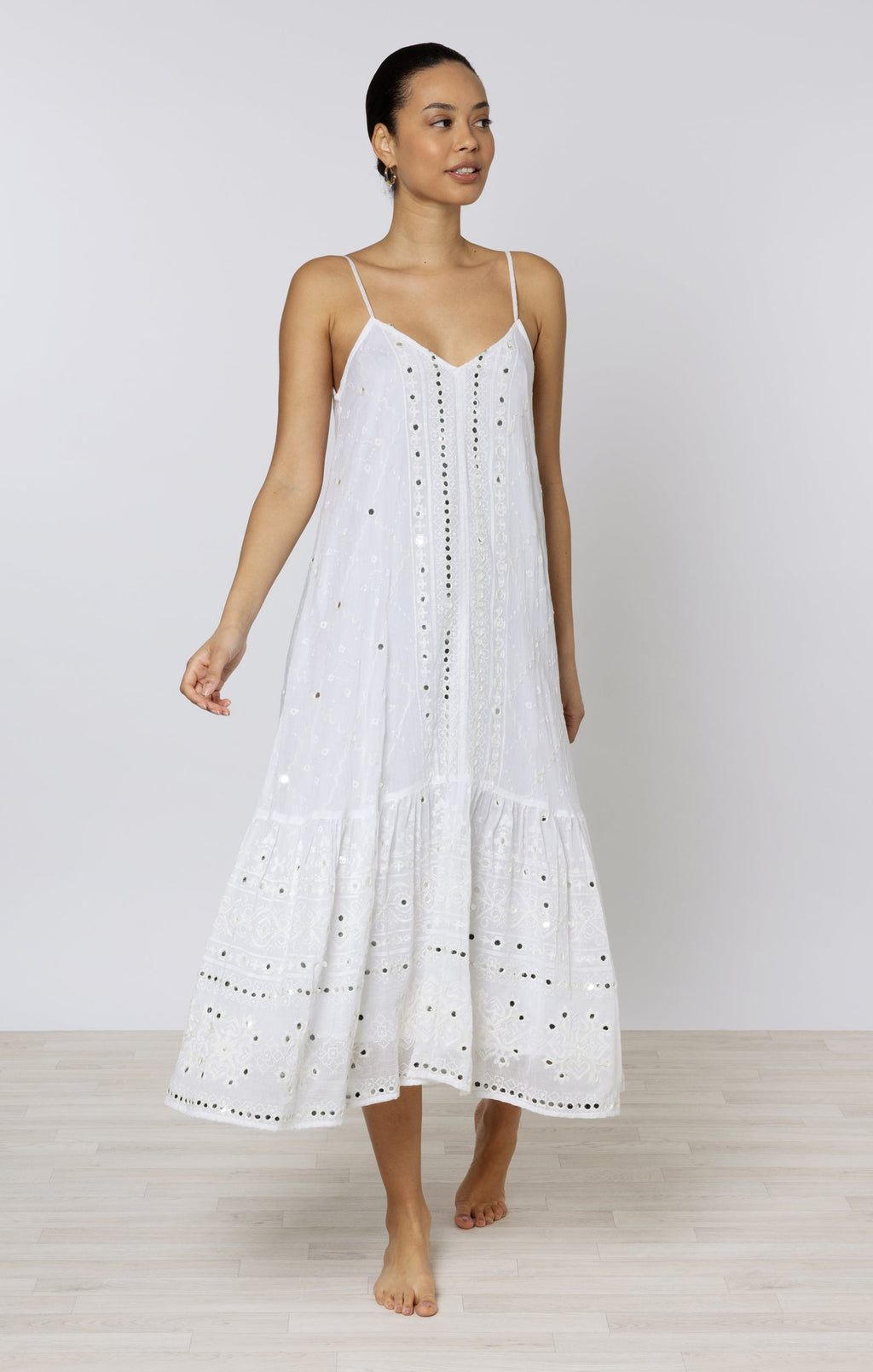 White Riad Print V Neck Midi Dress with Mirrors