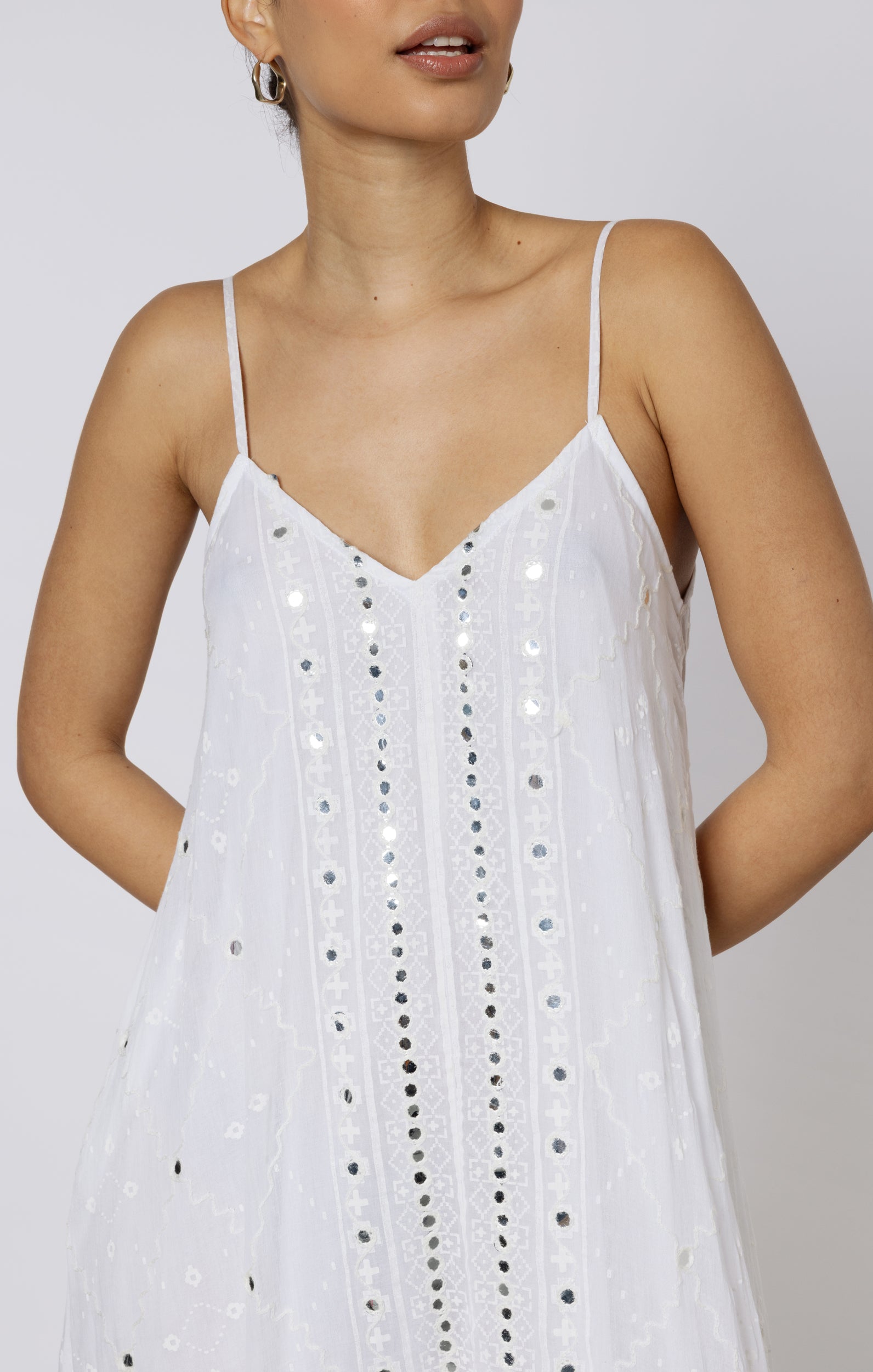 White Riad Print V Neck Midi Dress with Mirrors