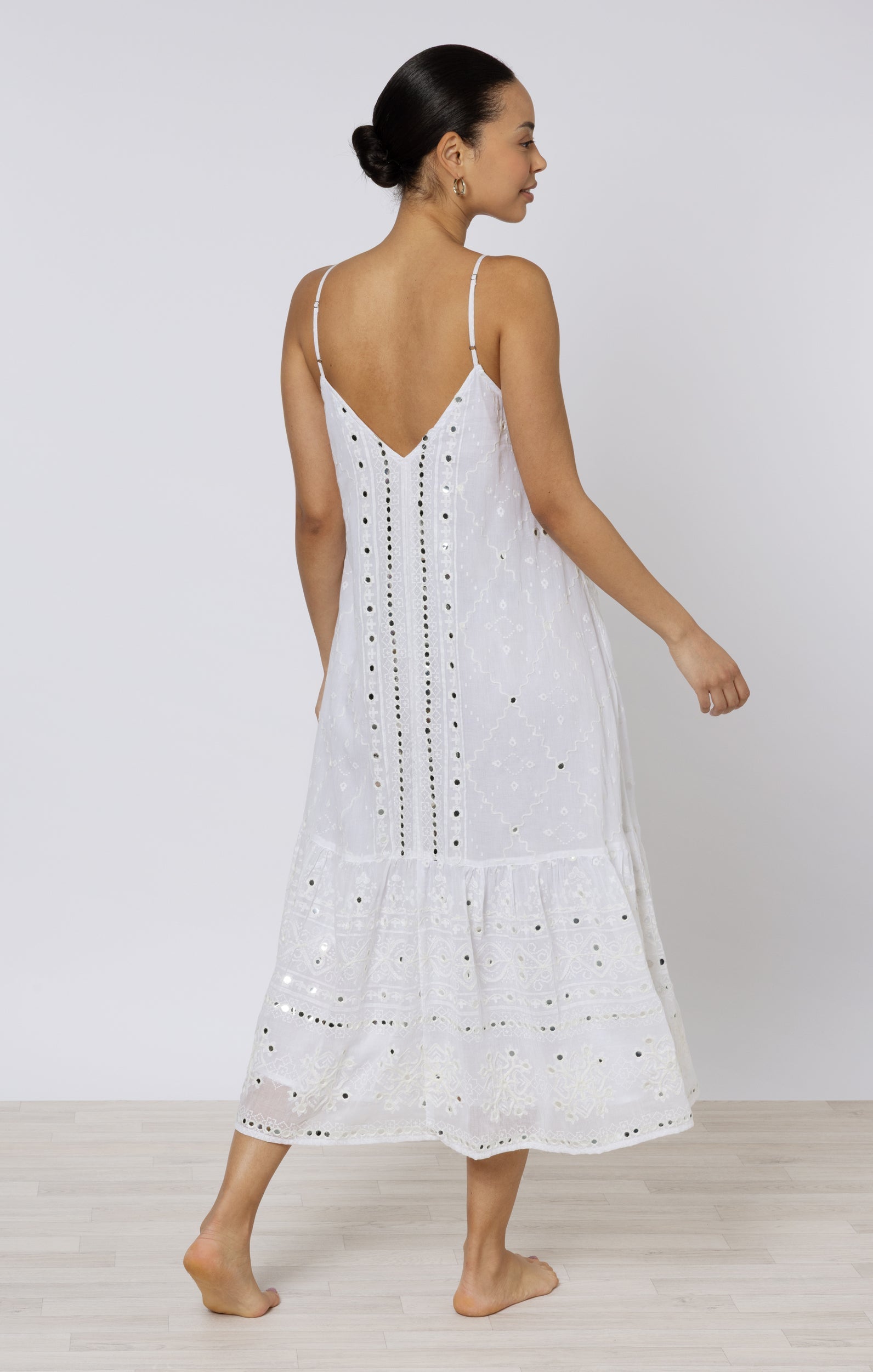 White Riad Print V Neck Midi Dress with Mirrors