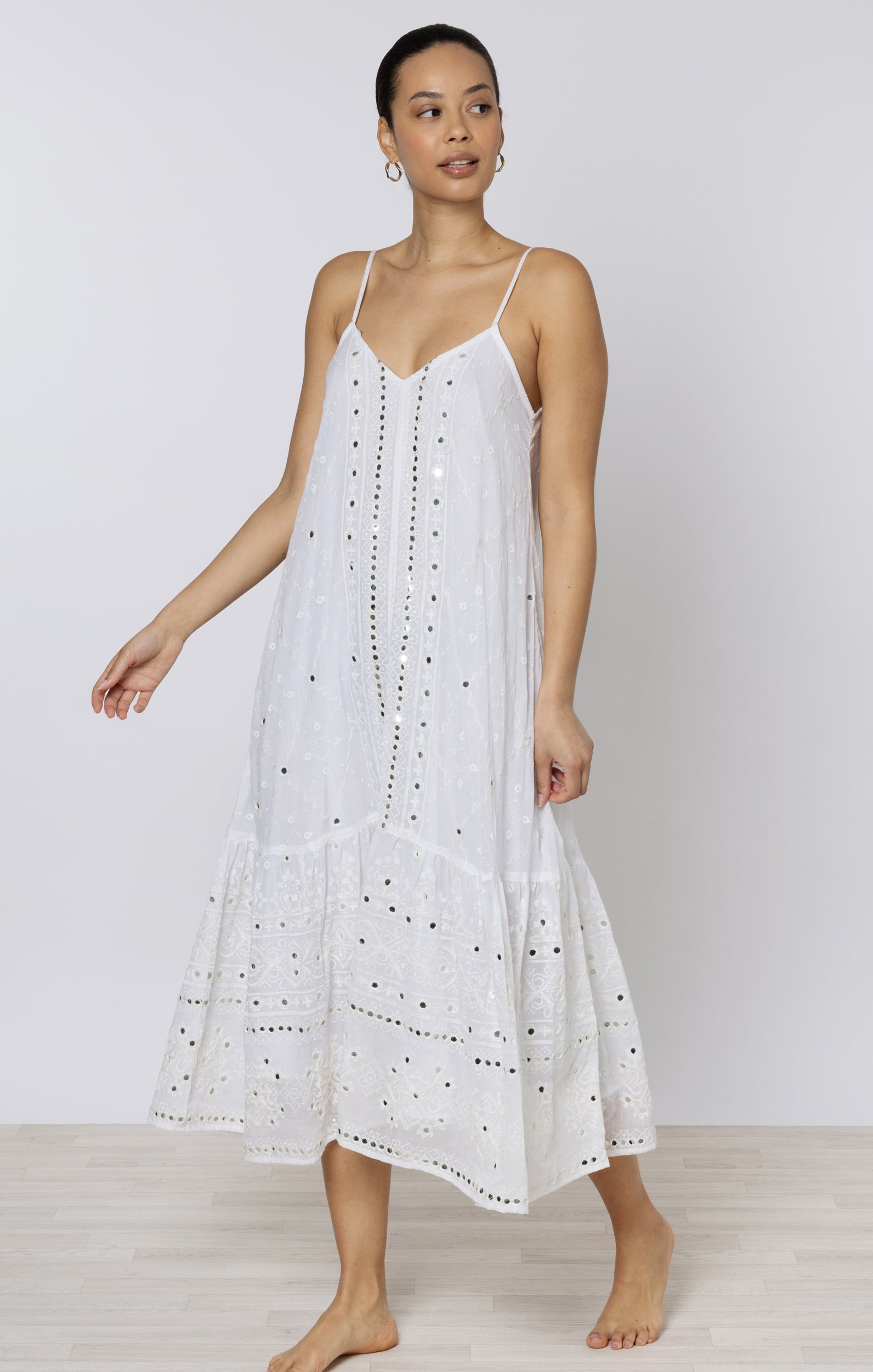 White Riad Print V Neck Midi Dress with Mirrors