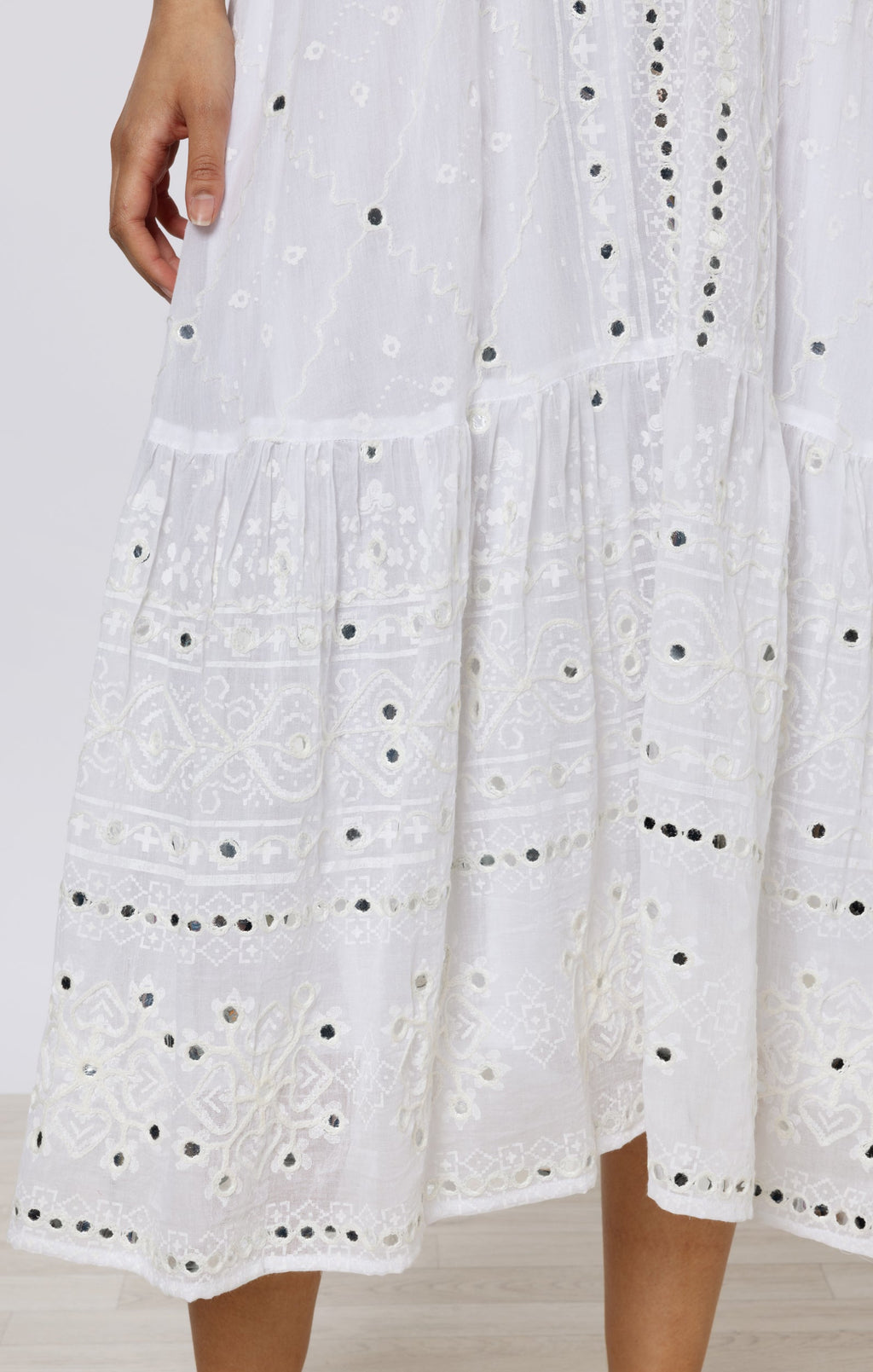 White Riad Print V Neck Midi Dress with Mirrors