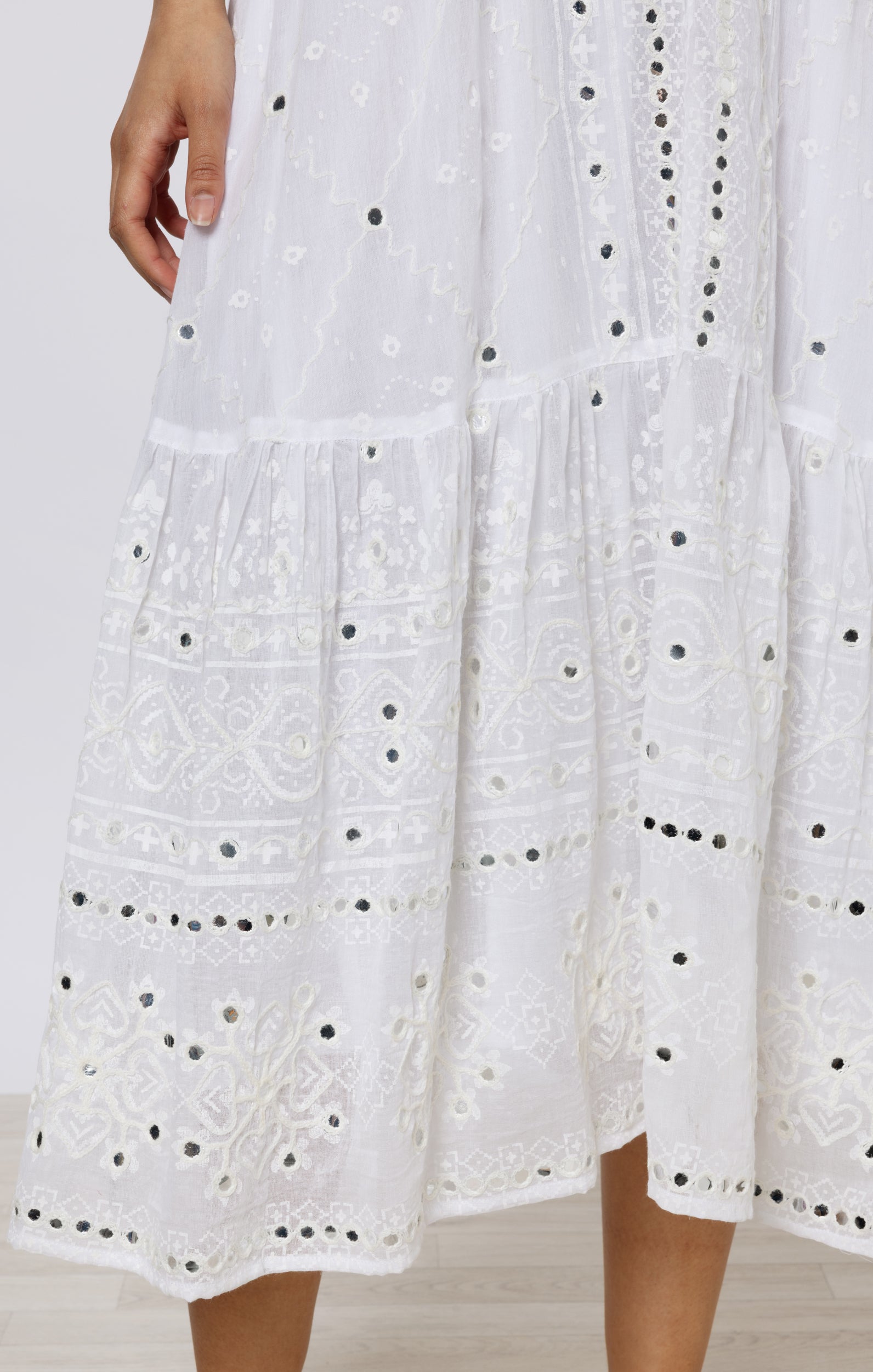 White Riad Print V Neck Midi Dress with Mirrors
