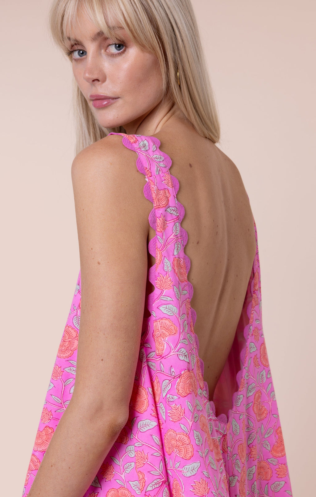 Fuchsia Ginkgo Block Print Low Back Dress