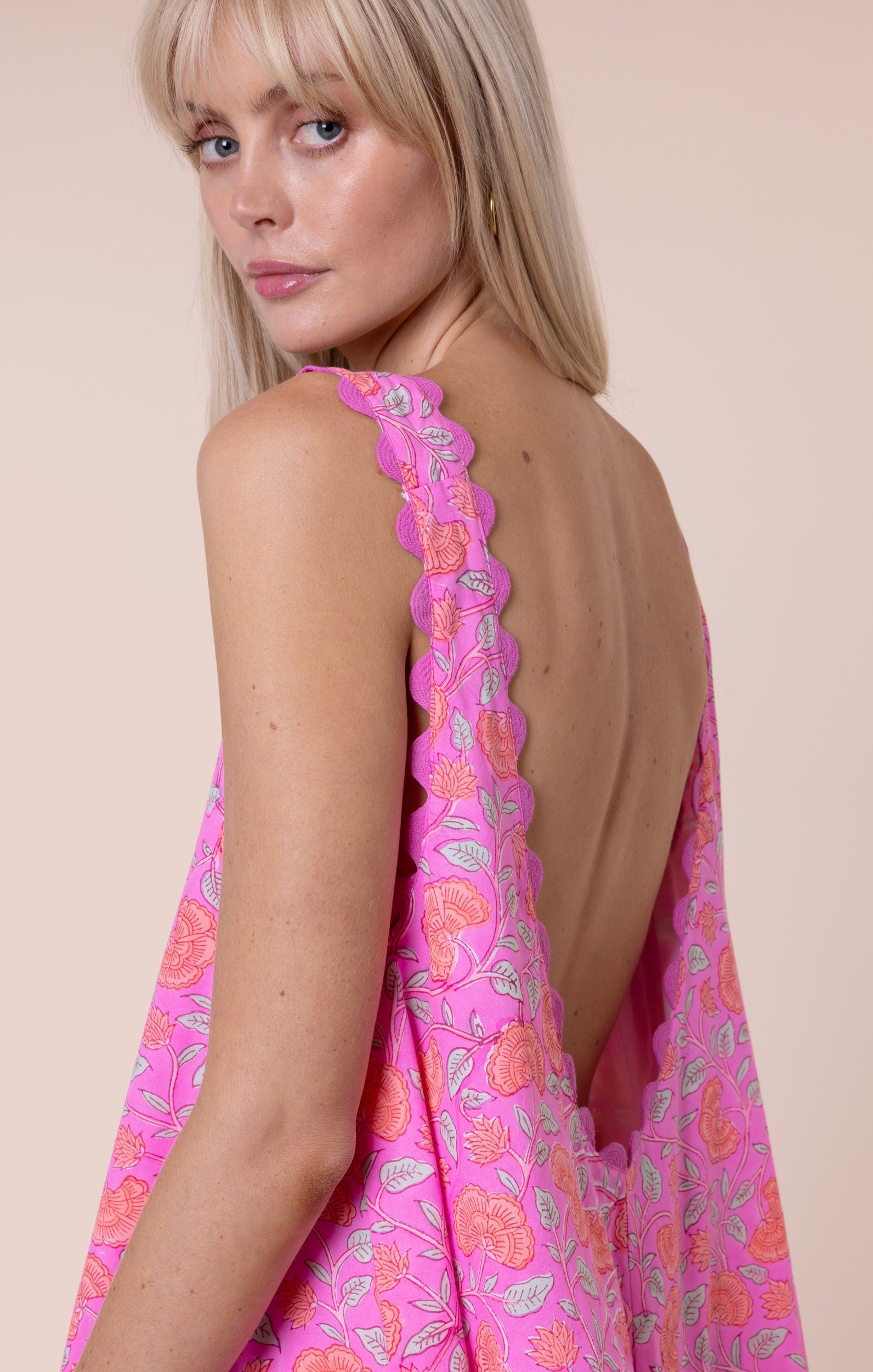 Fuchsia Ginkgo Block Print Low Back Dress