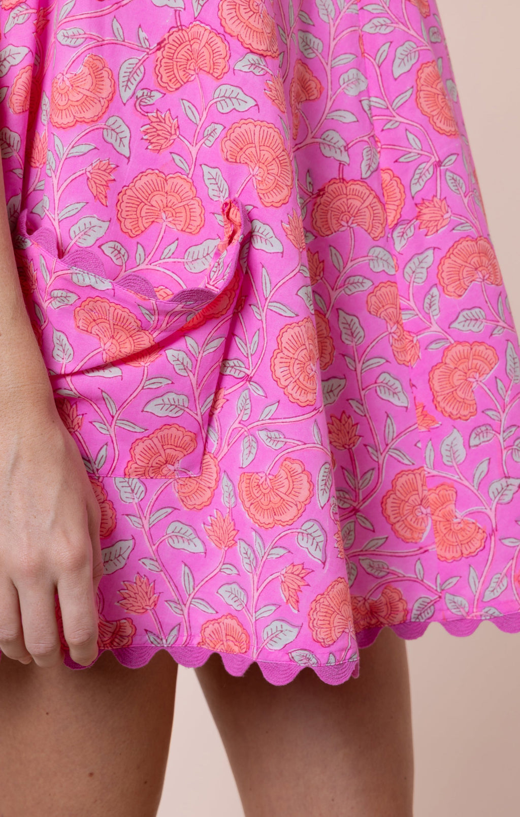 Fuchsia Ginkgo Block Print Low Back Dress