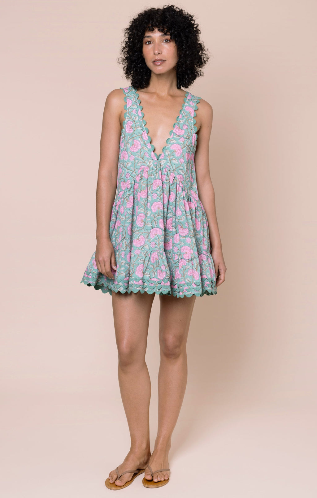 Cactus Ginkgo Block Print V-Back Mini Dress