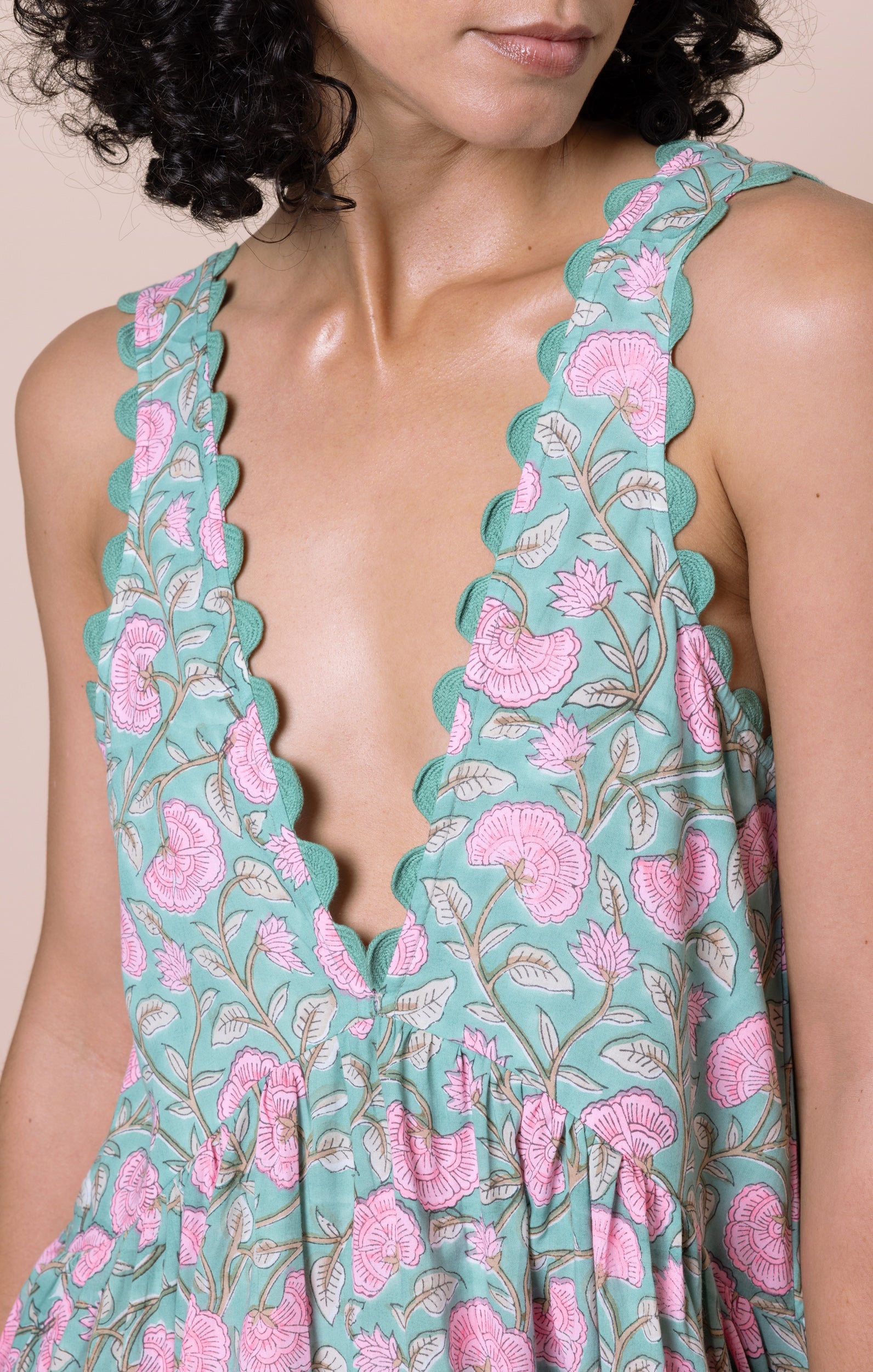 Cactus Ginkgo Block Print V-Back Mini Dress