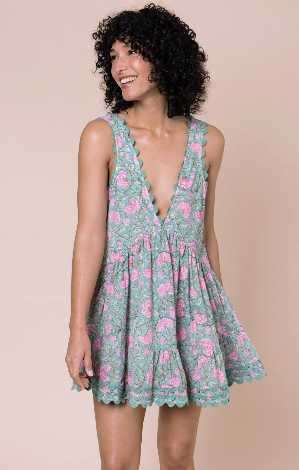Cactus Ginkgo Block Print V-Back Mini Dress