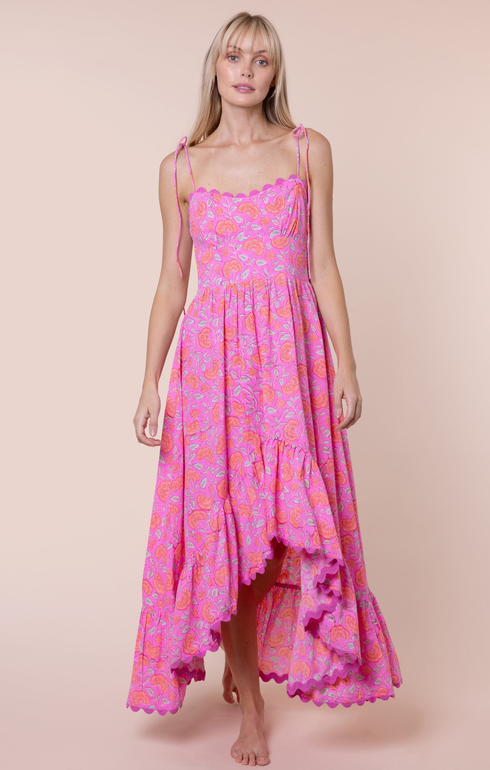 Fuchsia Ginkgo Print High-Low Floral Dress