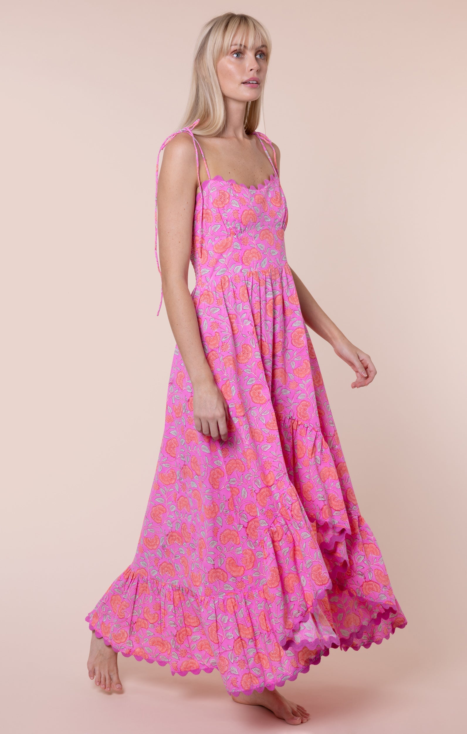 Fuchsia Ginkgo Print High-Low Floral Dress