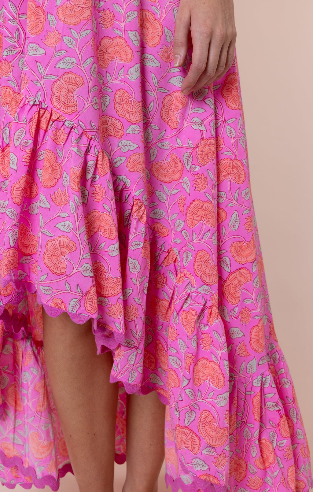 Fuchsia Ginkgo Print High-Low Floral Dress