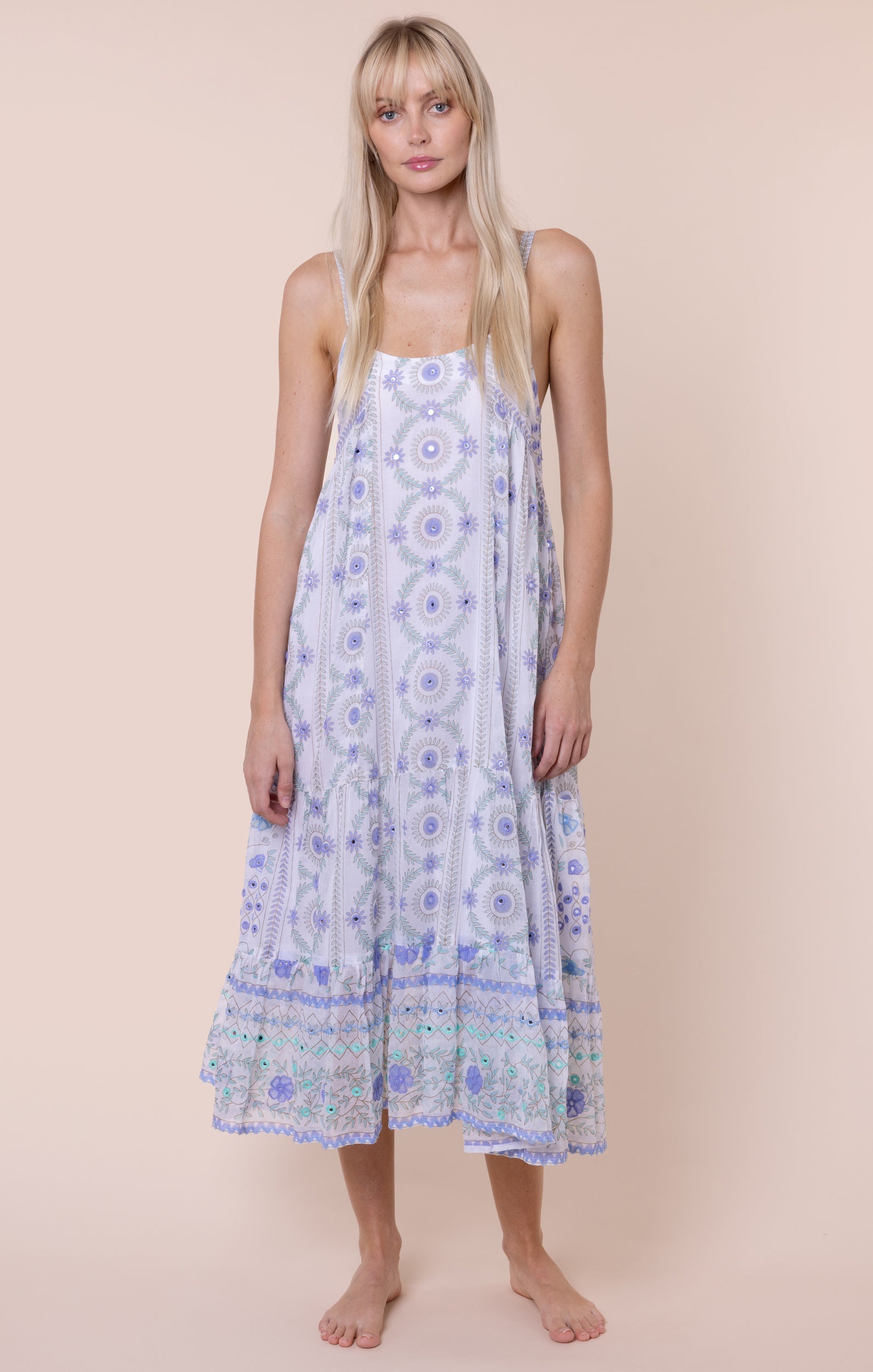 White & Blue Mexican Print Swing Dress with Mirrors