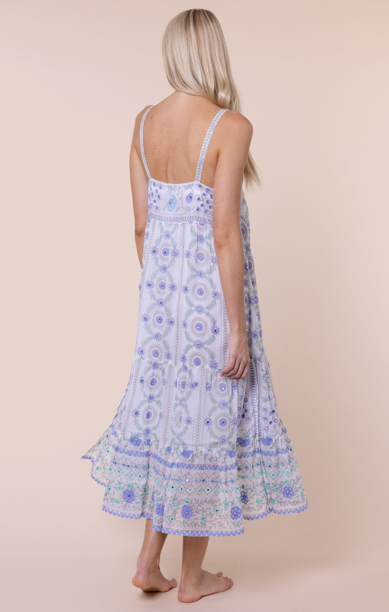 White & Blue Mexican Print Swing Dress with Mirrors