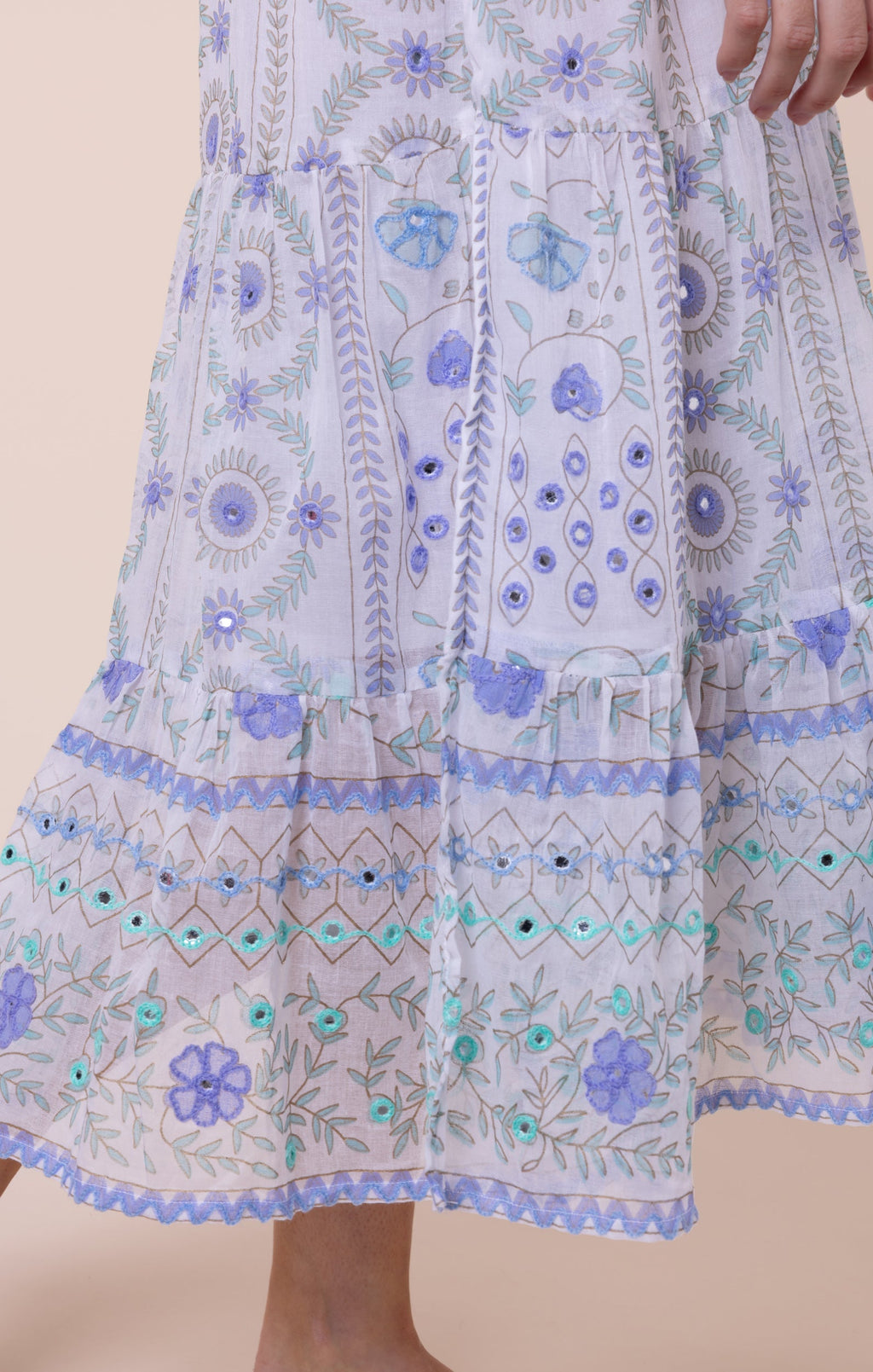 White & Blue Mexican Print Swing Dress with Mirrors