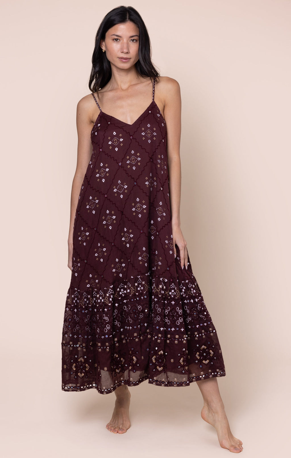 Black Cherry Mosaic Print V-Neck Midi Dress