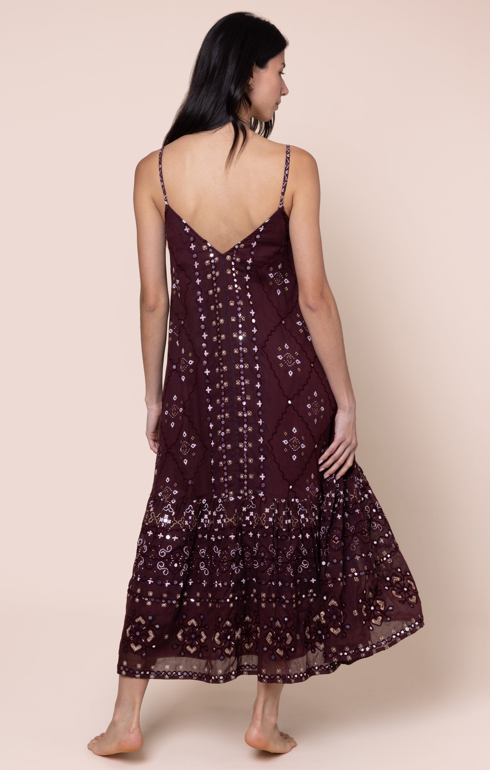 Black Cherry Mosaic Print V-Neck Midi Dress