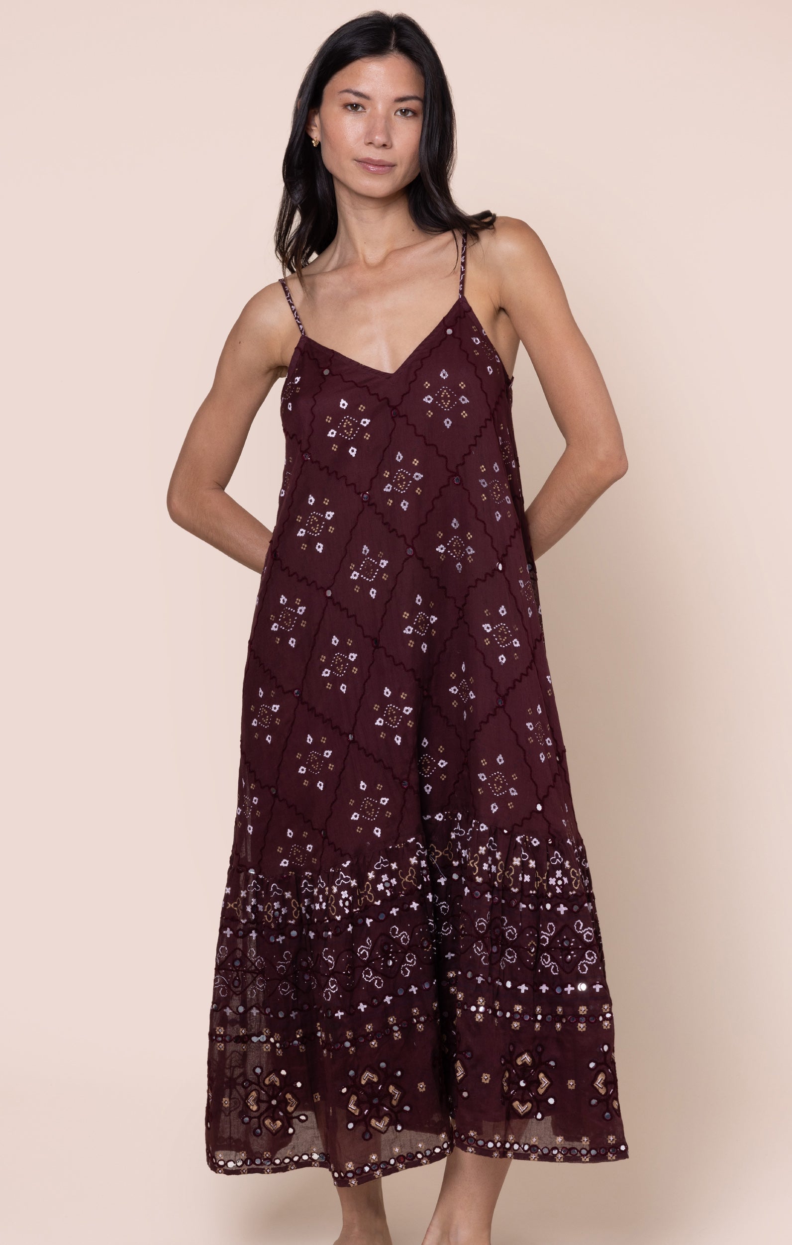 Black Cherry Mosaic Print V-Neck Midi Dress
