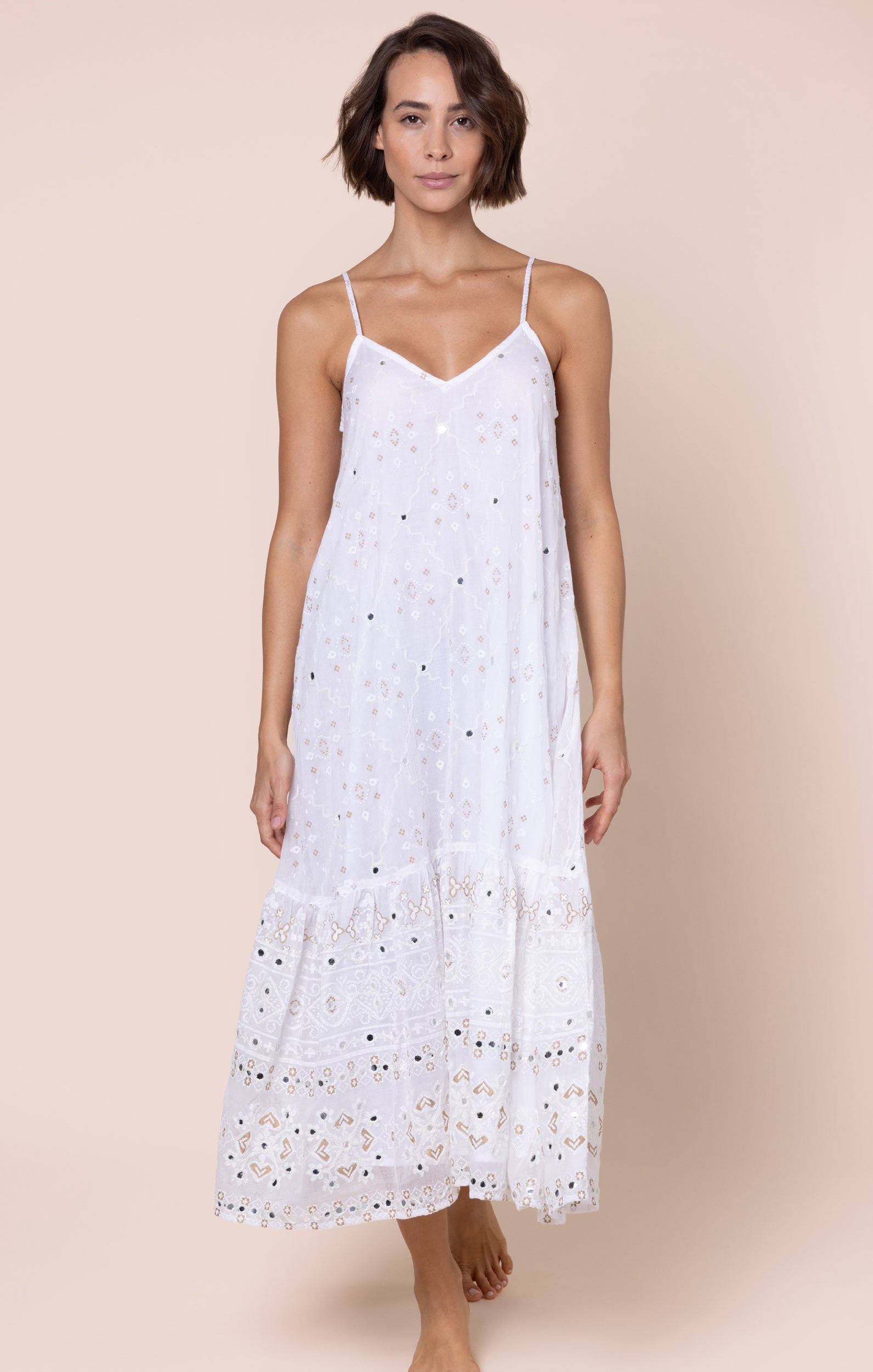 White Mosaic Print with Mirrors V-Neck Midi Dress