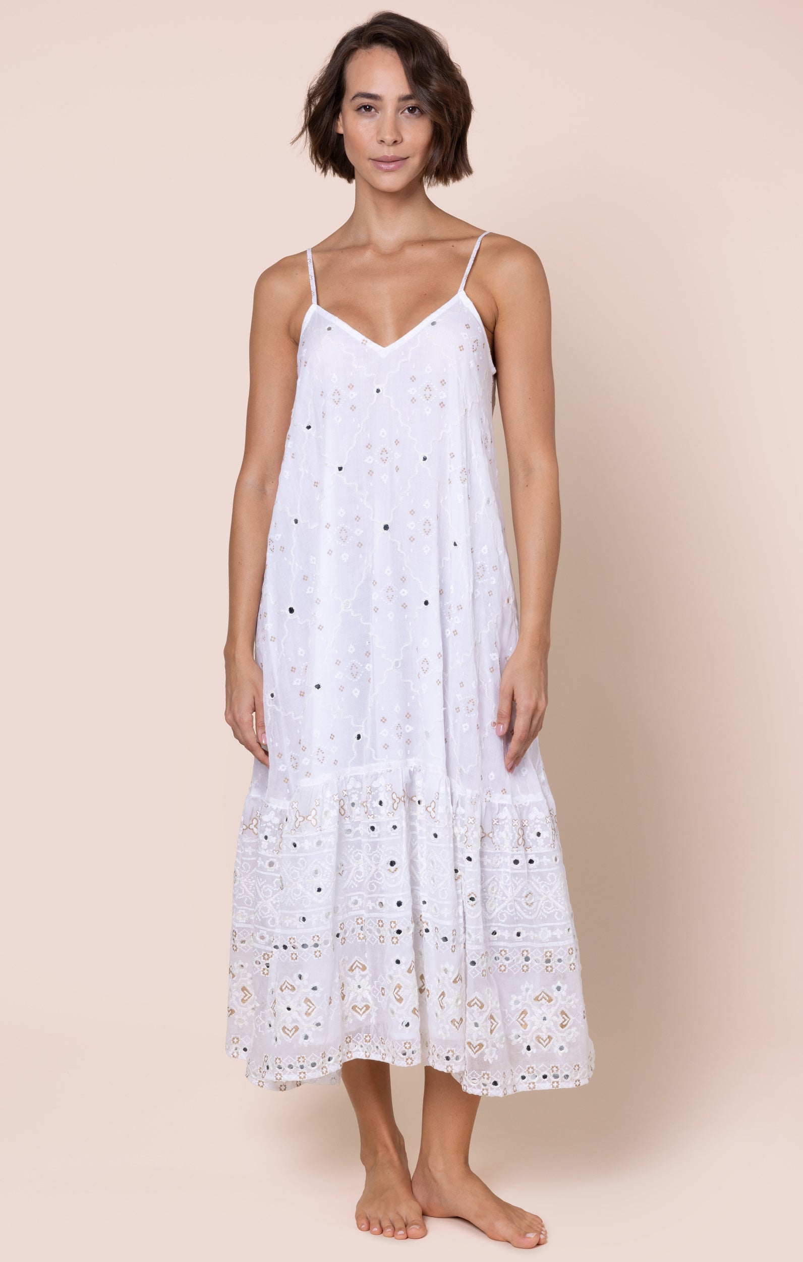 White Mosaic Print with Mirrors V-Neck Midi Dress