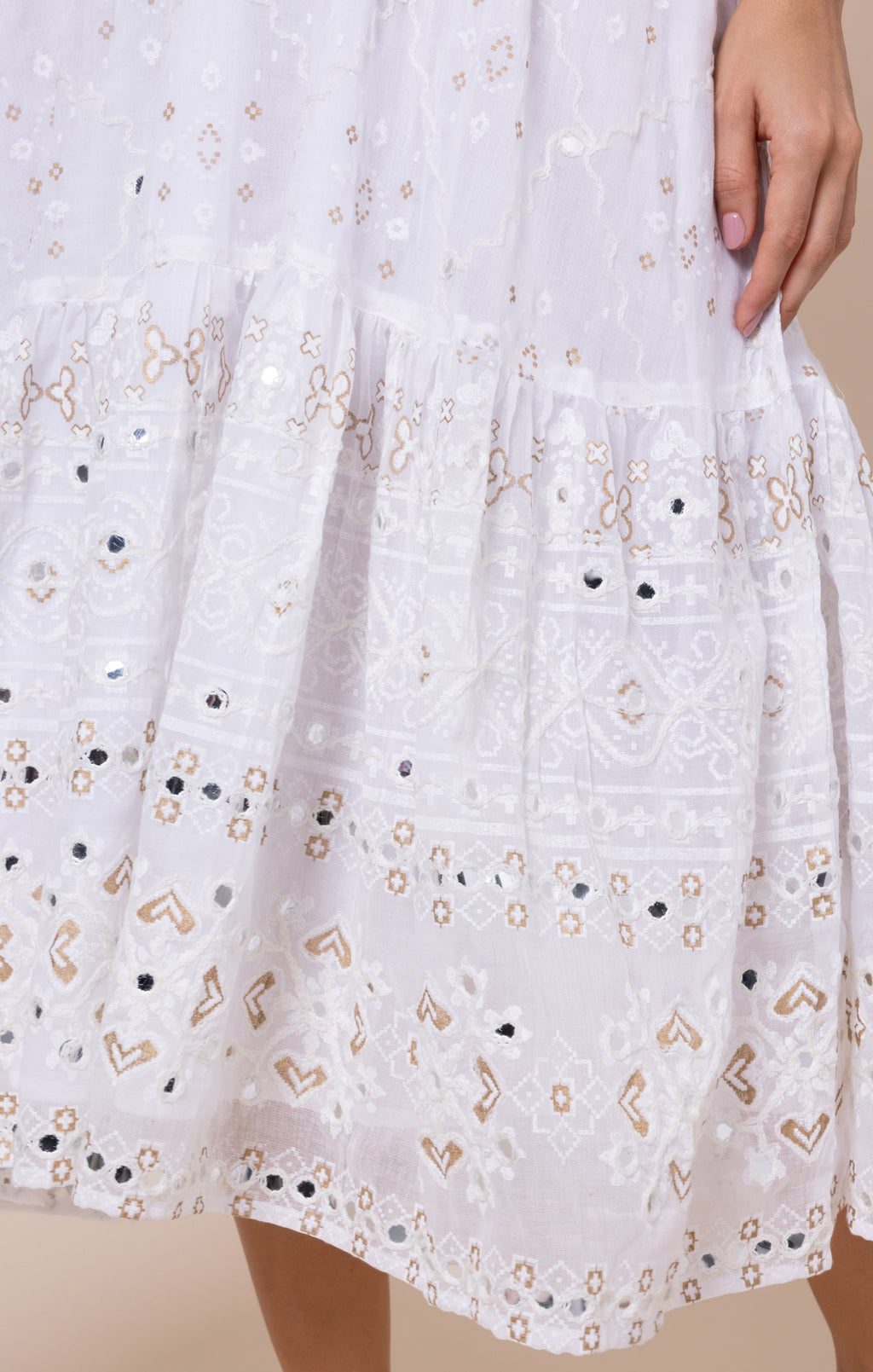 White Mosaic Print with Mirrors V-Neck Midi Dress