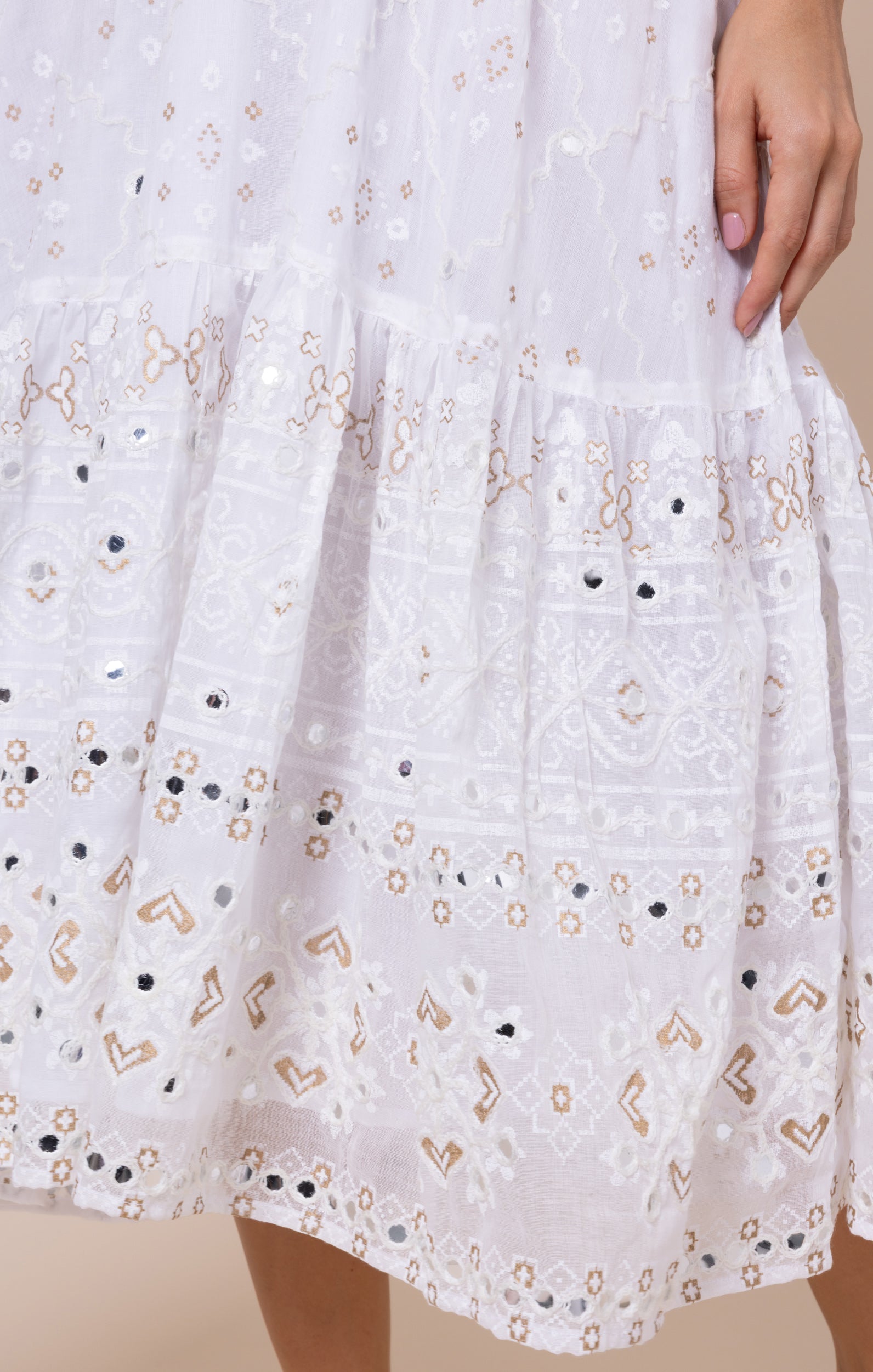 White Mosaic Print with Mirrors V-Neck Midi Dress