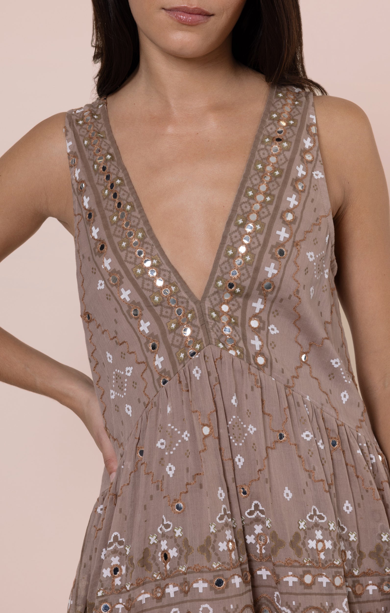 Mocha Mosaic Print V-Back Mini Dress with Mirrors