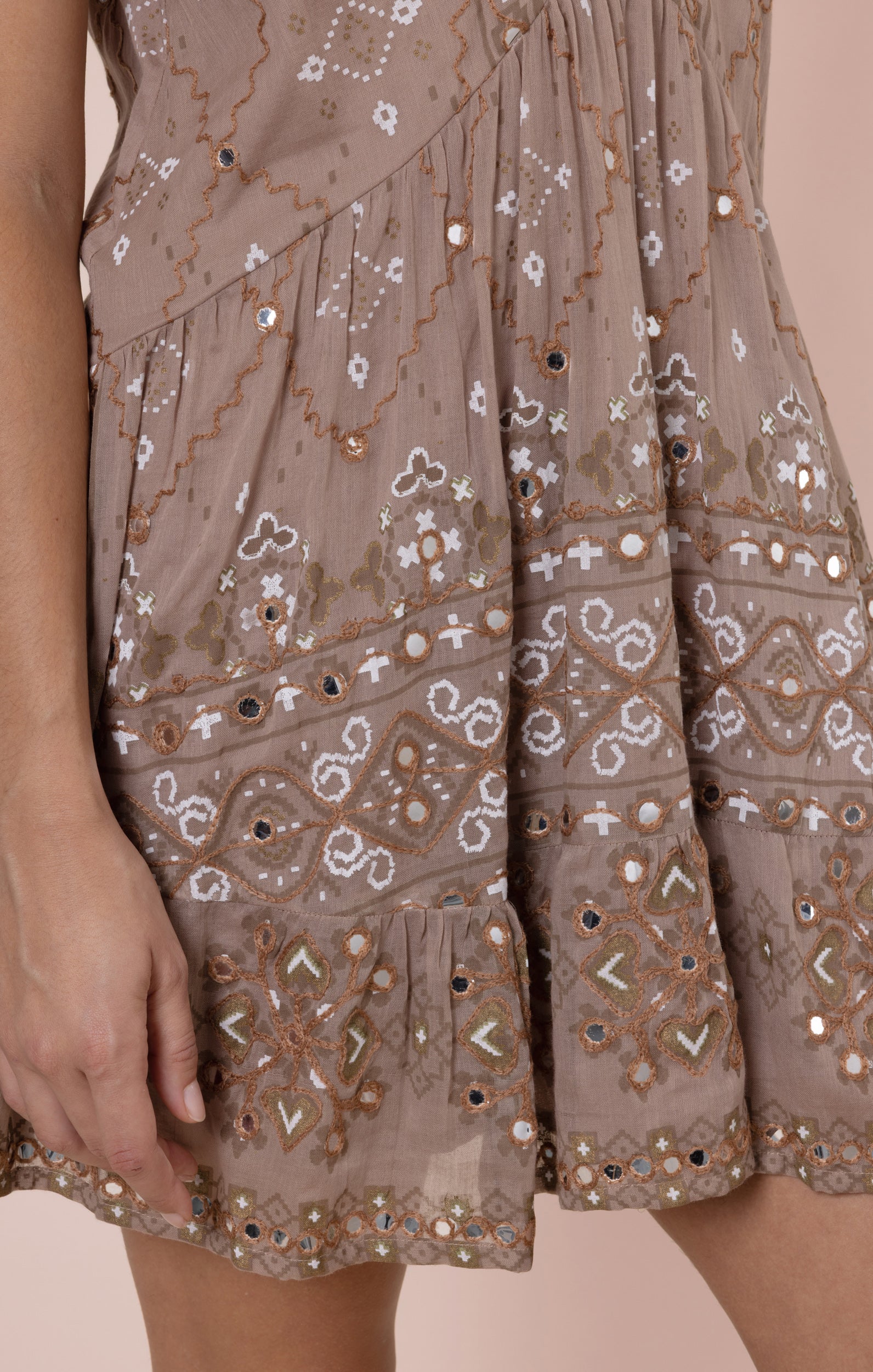 Mocha Mosaic Print V-Back Mini Dress with Mirrors