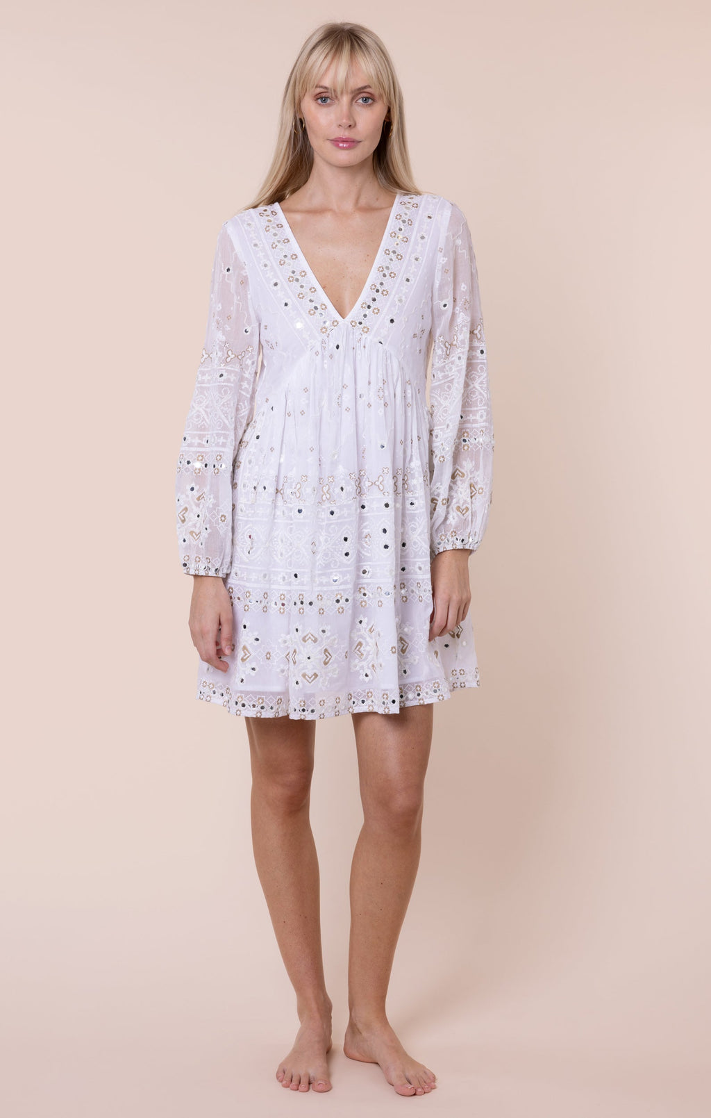 White Mosaic Print with Mirrors Bell Sleeve Dress