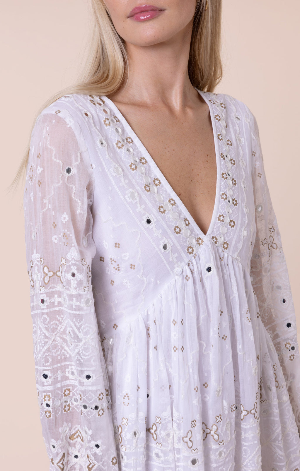 White Mosaic Print with Mirrors Bell Sleeve Dress