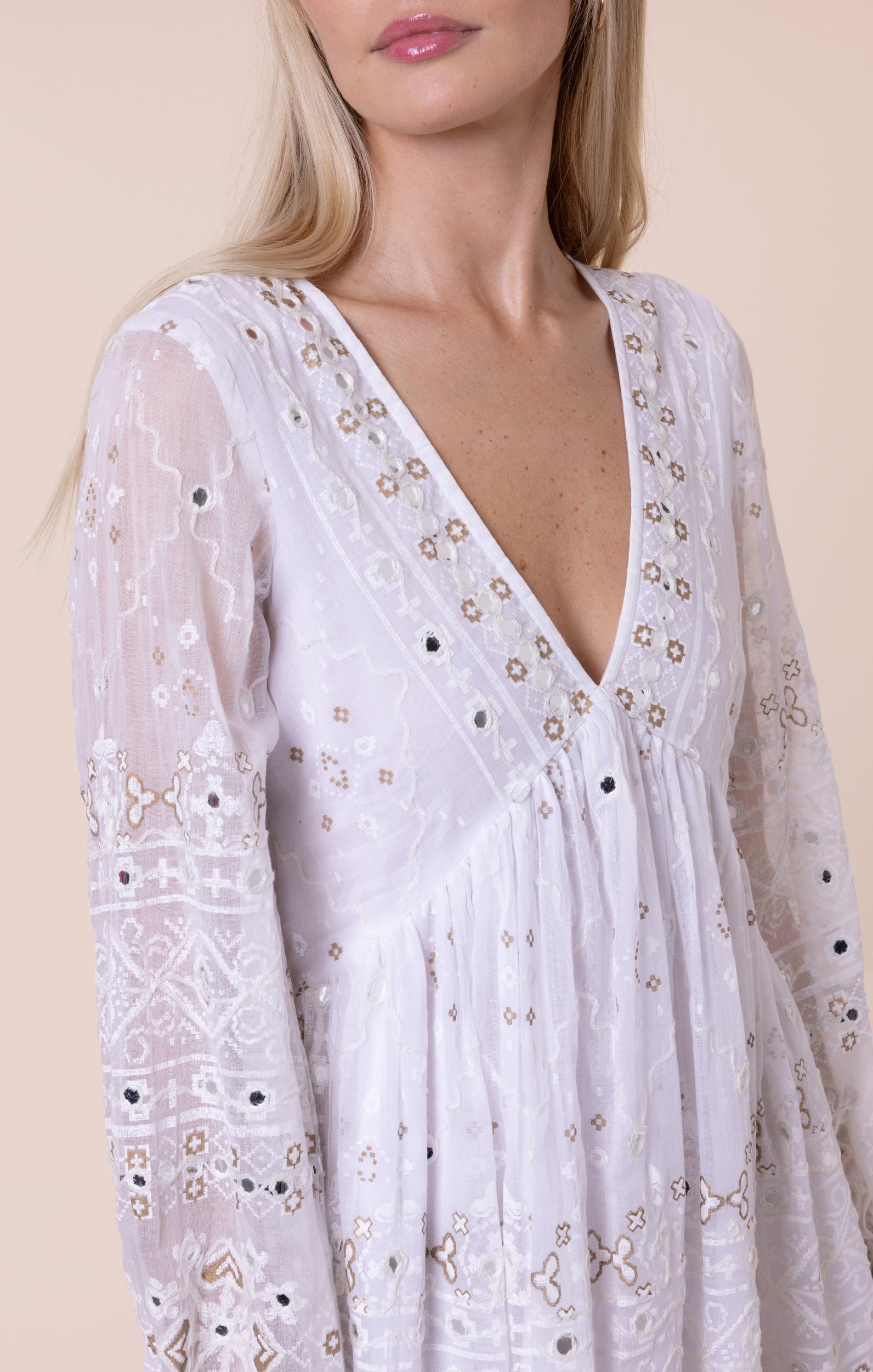 White Mosaic Print with Mirrors Bell Sleeve Dress