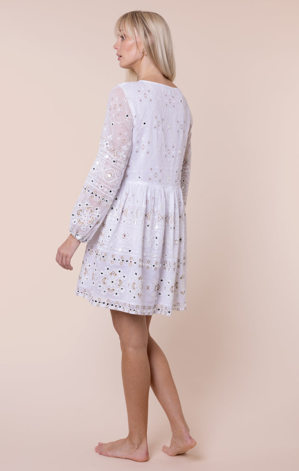 White Mosaic Print with Mirrors Bell Sleeve Dress