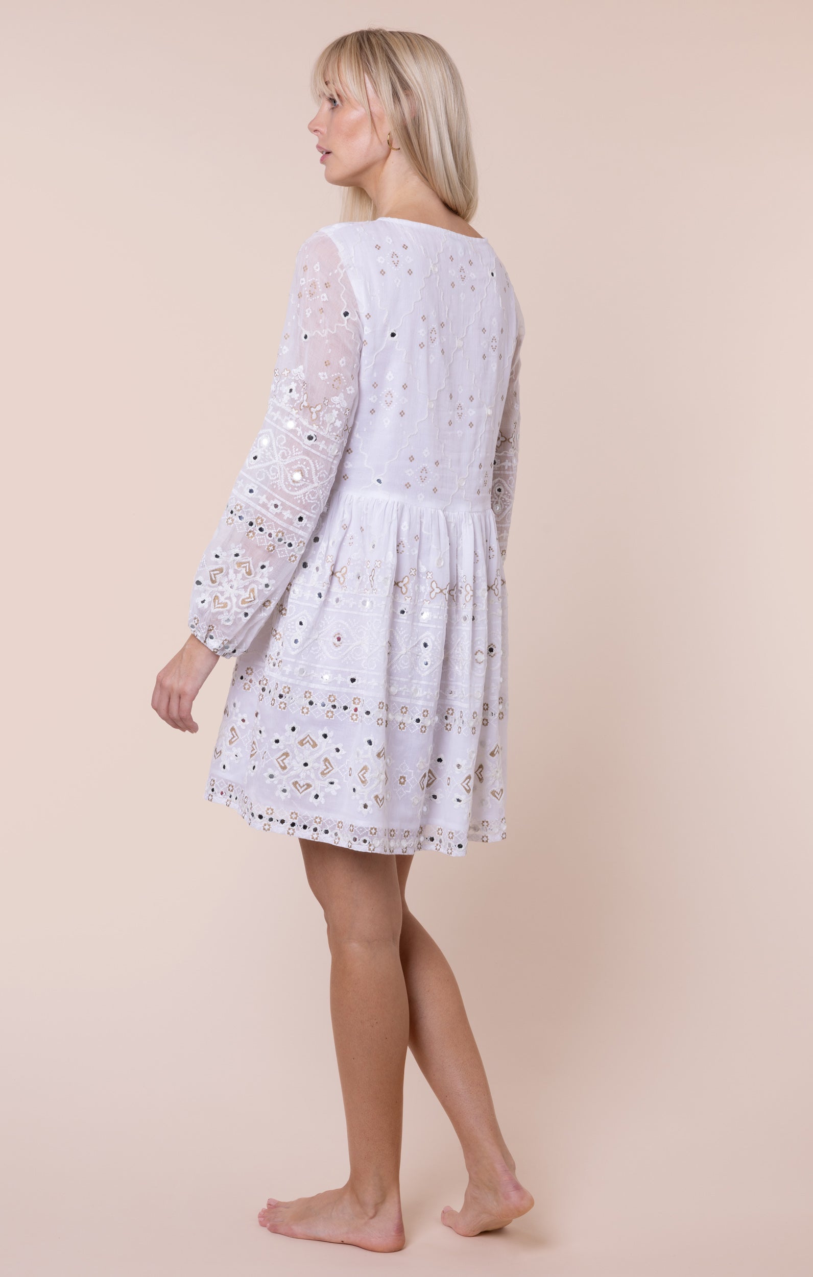 White Mosaic Print with Mirrors Bell Sleeve Dress