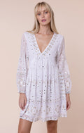 White Mosaic Print with Mirrors Bell Sleeve Dress
