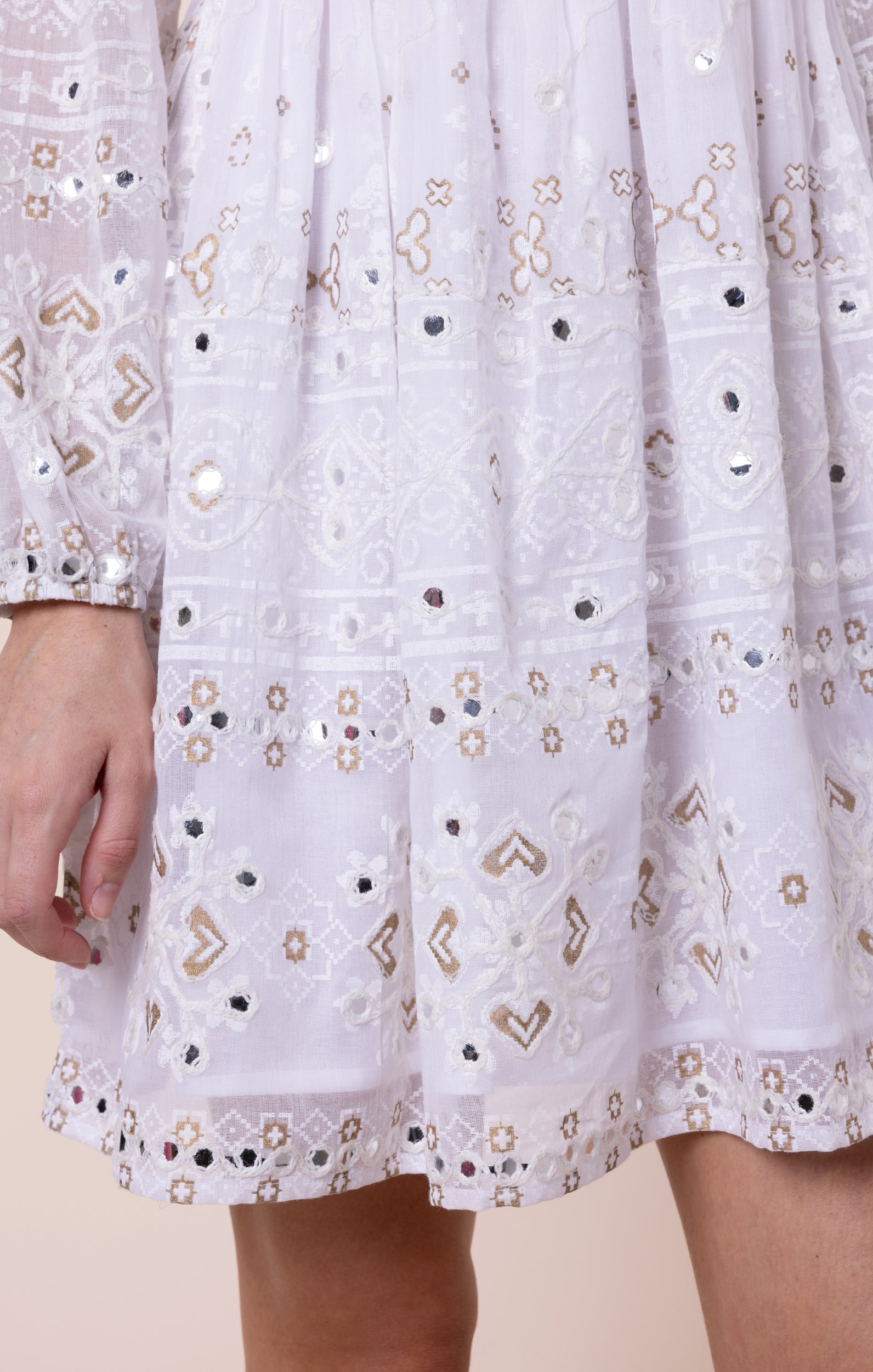 White Mosaic Print with Mirrors Bell Sleeve Dress