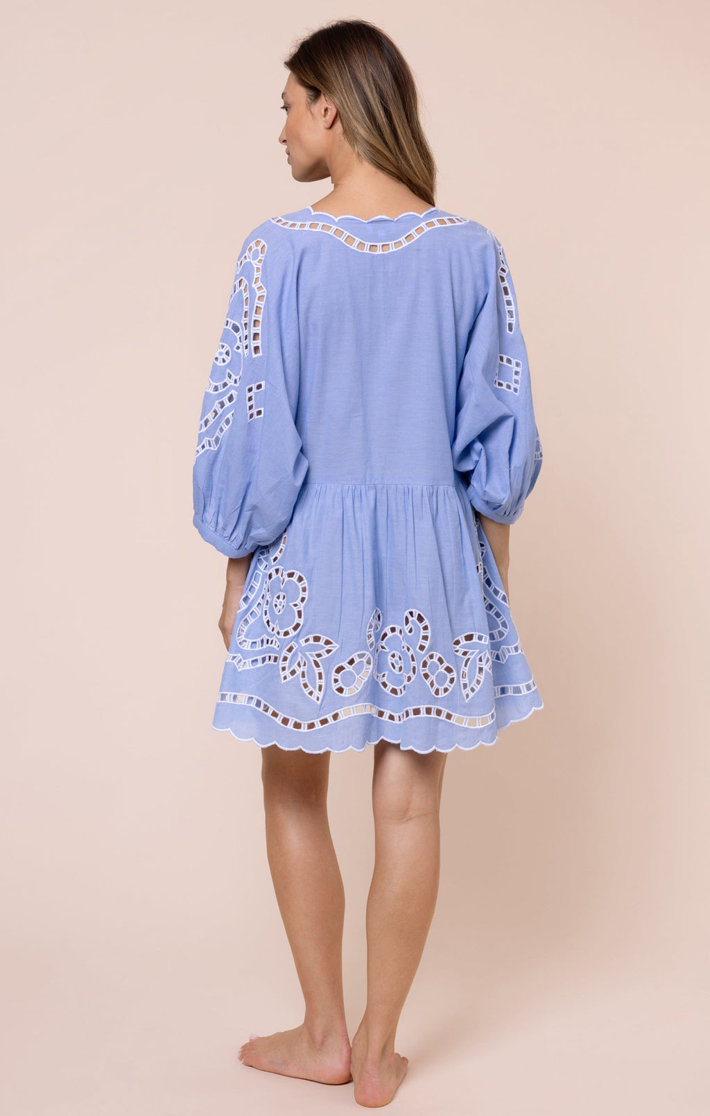Blue Loose Mini Dress with Oversized Cutwork