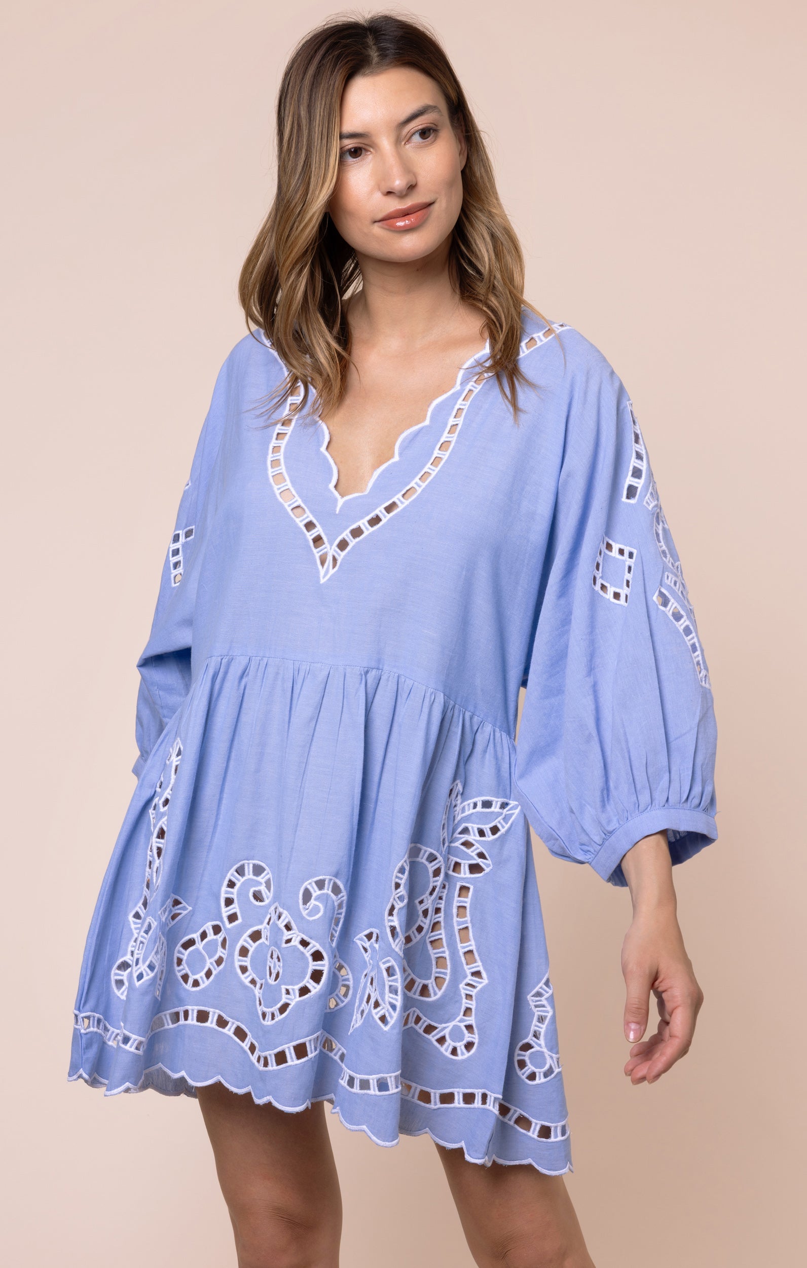 Blue Loose Mini Dress with Oversized Cutwork