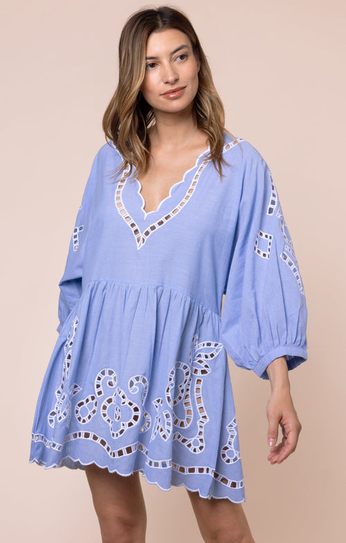 Blue Loose Mini Dress with Oversized Cutwork