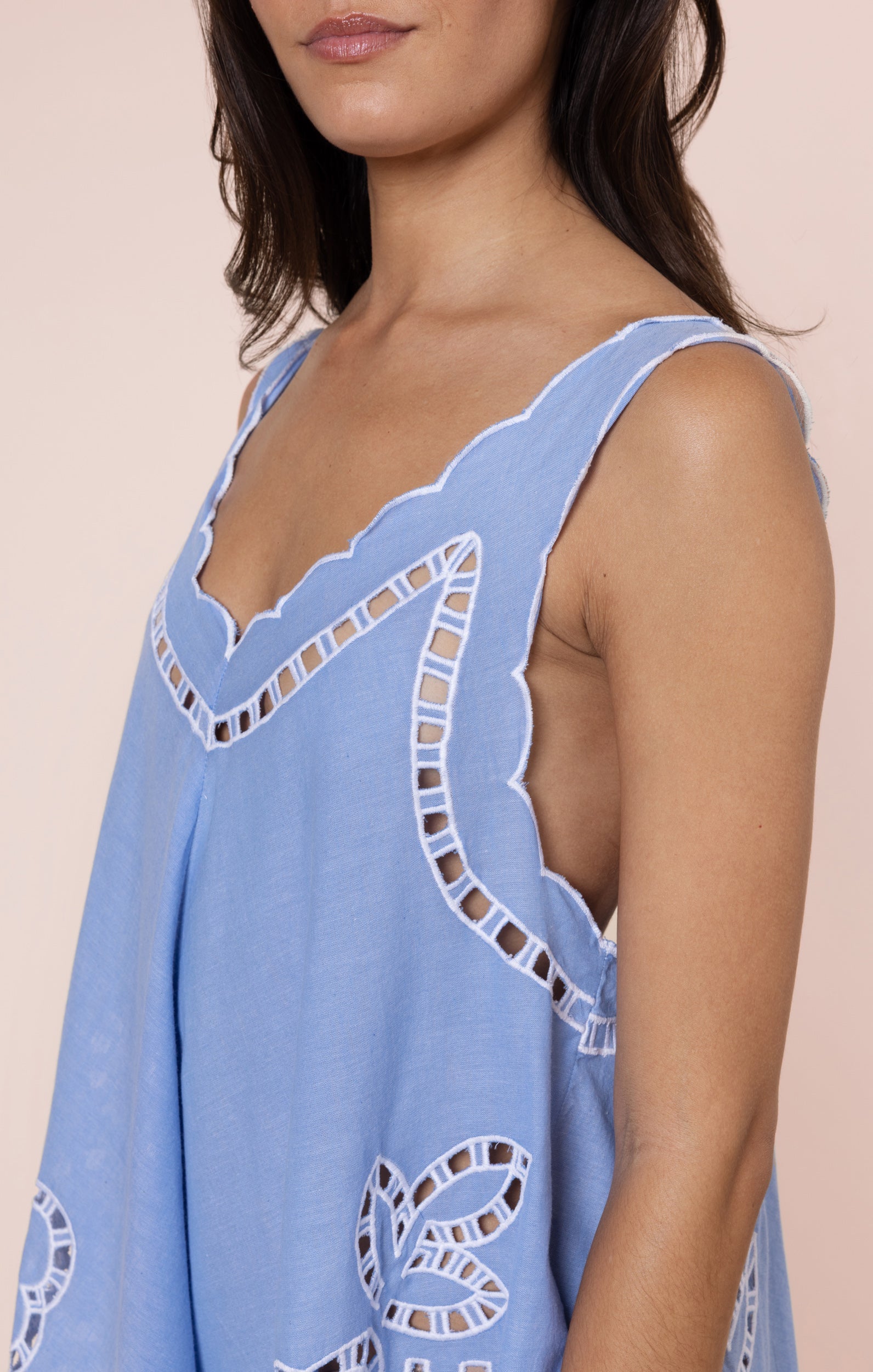Blue Low Back Dress with Oversized Cutwork