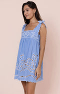 Blue Baby Doll Dress with Tie Shoulders & Oversized Cutwork