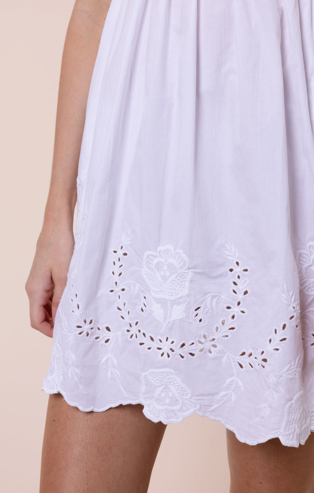 White Tie Back Mini Dress with Scallop Embroidery