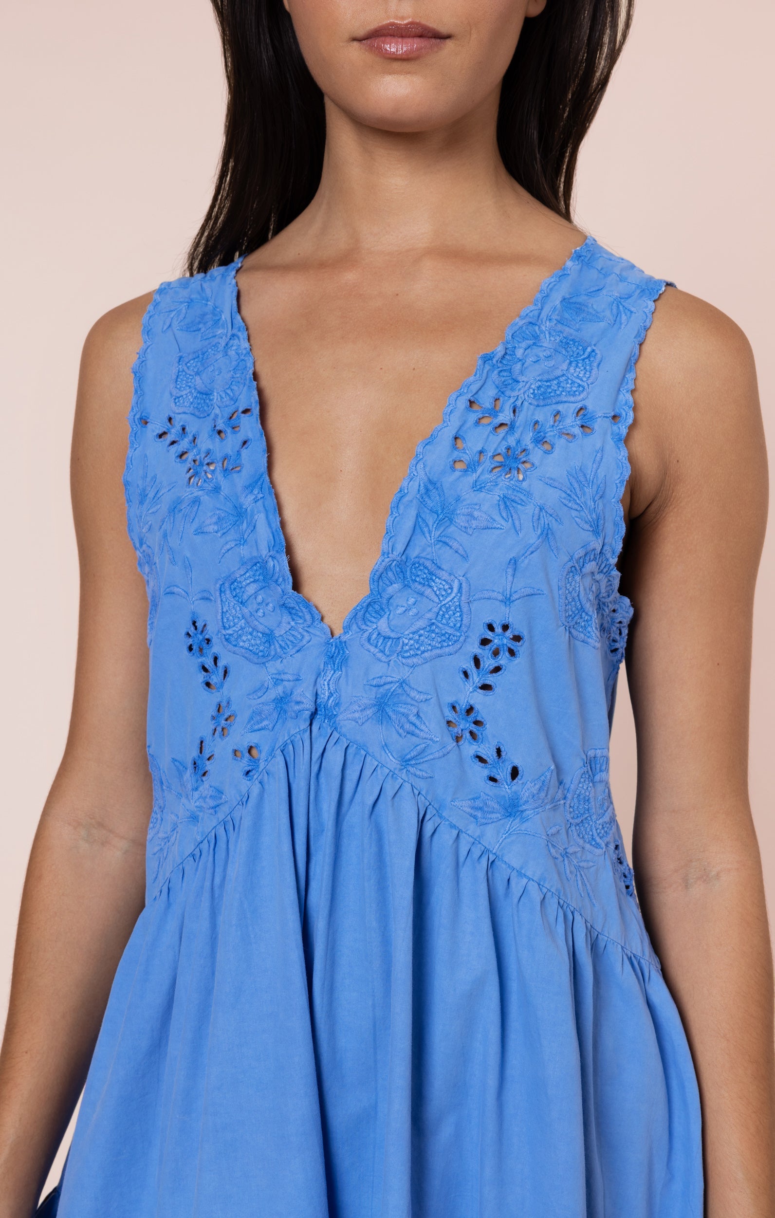 Ocean Blue V-Back Mini Dress with Scallop Embroidery