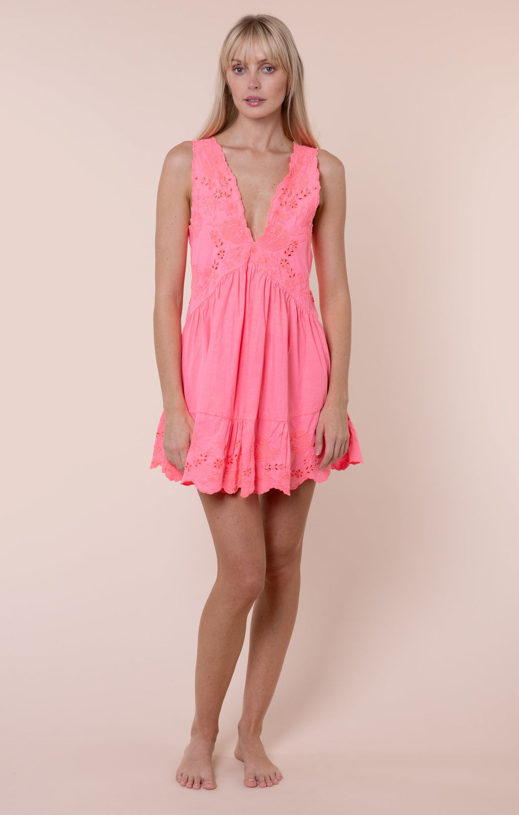 Watermelon V-Back Mini Dress with Scallop Embroidery