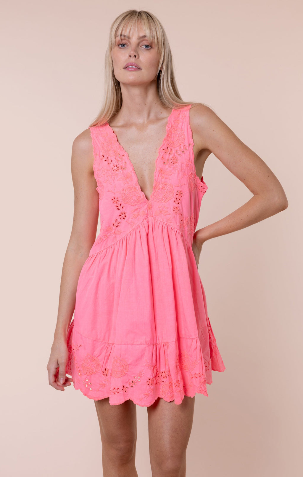 Watermelon V-Back Mini Dress with Scallop Embroidery