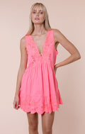 Watermelon V-Back Mini Dress with Scallop Embroidery